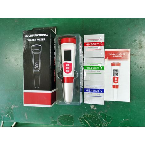 Testeur numérique de qualité de l'eau 4-en-1 (pH, TDS, EC, Température), rouge et blanc, avec poudres d'étalonnage pH 3 points (pH 4,00 / 6,86 / 9,18) (1/5)