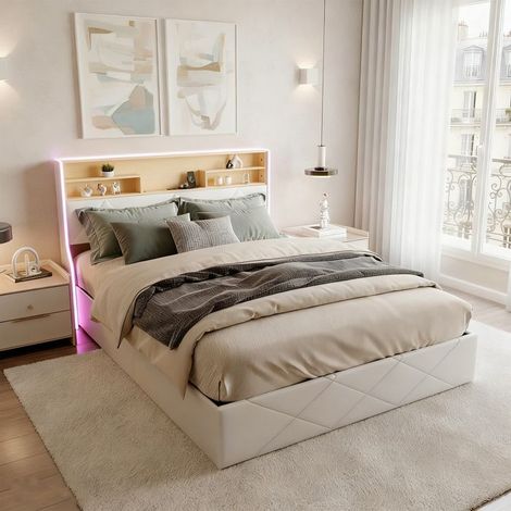 Cama Lit 160 x 200 CM con Somier - Cama Doble de Almacenamiento con LED y USB - Cama Hidráulica 160 x 200 con Almacenamiento debajo de la cama