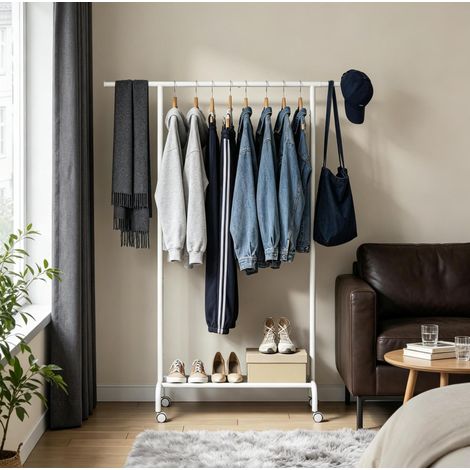 Kleiderstaender aus Metall in Weiss mit Oxford-Stoffablage und Rollen, 84-124 x 40 x 156 cm, ausziehbare Stange (1/5)