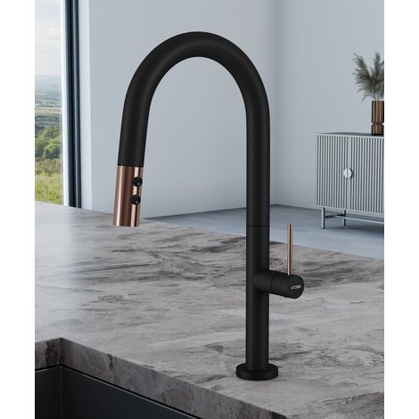 Moderno mezclador monomando de lavabo con ducha extraíble - Negro y oro rosa (1/5)