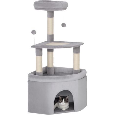 Árbol para gatos, torre de juegos con rascadores de sisal, plataforma, casita, tela de felpa, bolas, 49x49x114cm gris claro (1/5)