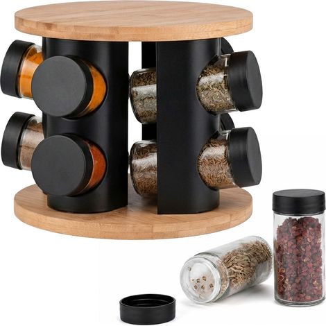 Relaxdays Spice Carousel, 8 jars, 360° rotating, H x D 16 x 19.5 cm, bamboo & stainless steel, natural/black (1/5)