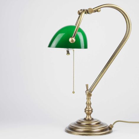 Bankerlampe mit Zugschalter aus Messing Glas in Bronze hell Grün E27 Handarbeit Schreibtisch