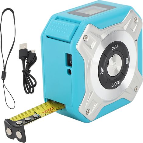 Télémètre laser 3 en 1, infrarouge 40 mètres, mètre ruban portatif 5 mètres avec crochet magnétique, bleu et argent.