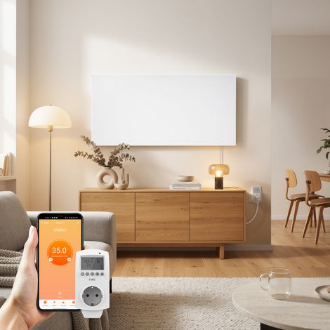 EMKE Infrarot-Heizpaneel 1200W 120×60 cm, Rahmenloses weißes Wandheizpaneel mit Steck-Thermostat und WLAN-App-Steuerung (1/5)