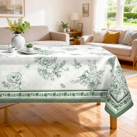 Tischdecke Rechteckig 140x180 cm mit Frühlingsblumen-Muster, Grün
