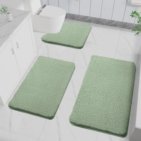 Tapis de Bain Microfibre Antidérapant - Lot de 3 - Shaggy Doux et Absorbant - Pour Salle de Bain et Cuisine - Vert - 40x60cm, 50x80cm, U 50x50cm (1/5)