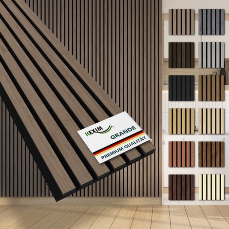 HEXIM Akustikpaneele 280x30cm Wandpaneele Grande Lamellen MDF Holz 0,85m² XXL Echtholzfurnier Wand 21mm Filz (1 Musterstück, American Walnut)