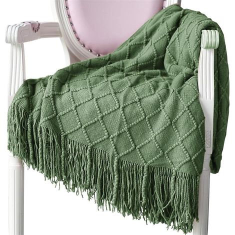 Gestrickte Decke mit Bommeln, olivgrün, 130 × 230 cm, weiche Sofadecke (1/5)