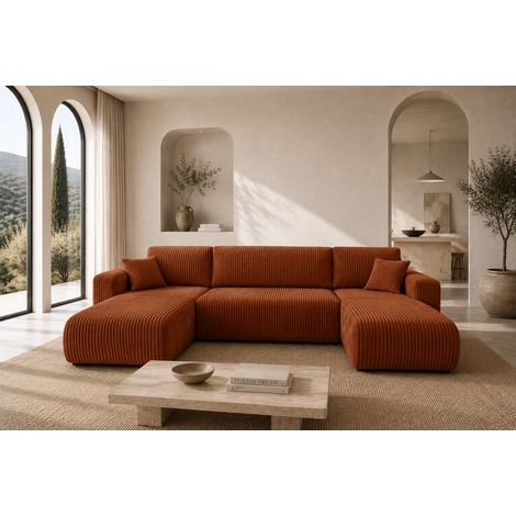 Divano angolare panoramico convertibile a 6 posti in velluto a coste color rame MELO U (1/5)