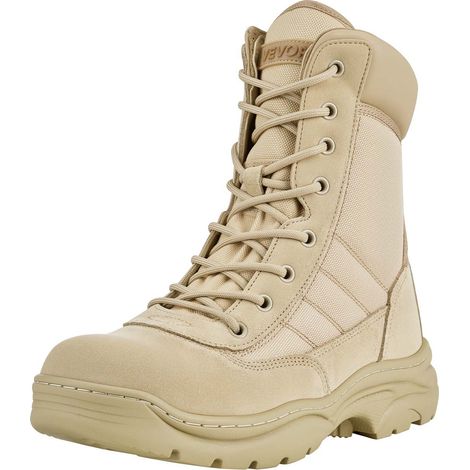 VEVOR Botas Tácticas Militares Hombre, 203 mm, de Cuero y Tela Oxford 1000D, Ligeras y Transpirables, con Cremallera Lateral, para Motociclista, Seguridad al Aire Libre, Talla 9,5 EE. UU., Arena