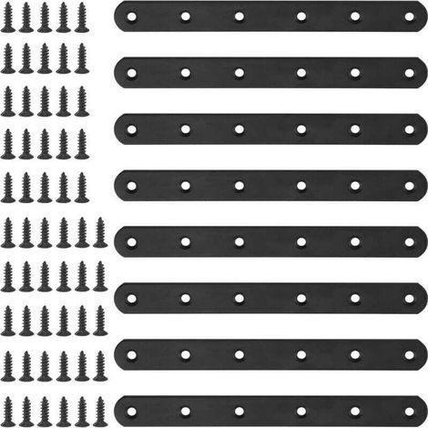 Lot de 8 équerres de fixation plates et droites de 200 mm en métal noir avec 55 vis pour meubles en bois (200 x 20 x 3 mm) (1/4)