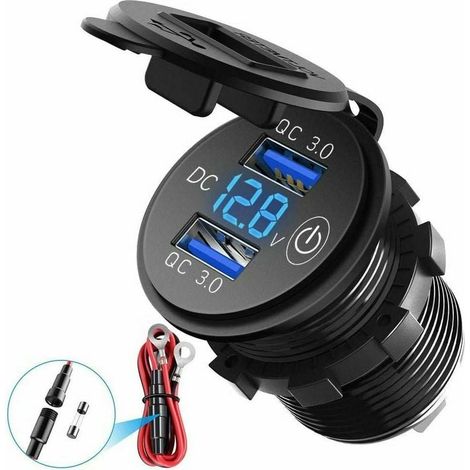 Chargeur USB QC3.0 Double Port Étanche 12V/24V 36W pour Moto, Voiture, VTT, Bus - Prise Allume-Cigare avec Voltmètre Numérique LED et Interrupteur, Bleu (1/5)