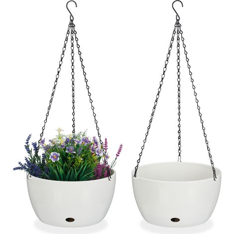 Relaxdays Blumenampel mit Wasserspeicher, 2er Set, HxD 67x28,5 cm, außen & innen, hängender Blumentopf, Kunststoff, weiß (1/5)