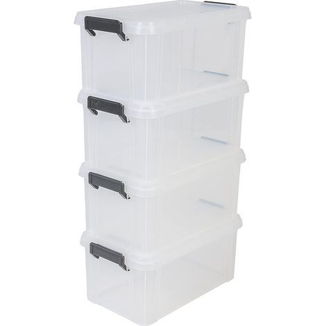 Set of 4 Plastic Storage Boxes, 6L, Transparent, Clip Closure, Handle, Stackable, For Home, Office, Garage (1/5)