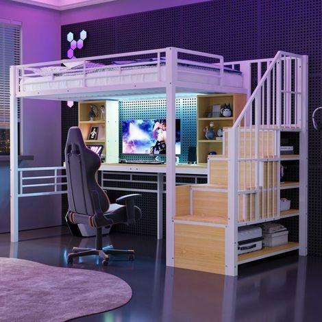Lit Mezzanine 90x200 cm - avec Bureau et LED - lit simple - Escalier avec Rangement, Prises, Barrière de Sécurité, Métal Blanc (1/5)