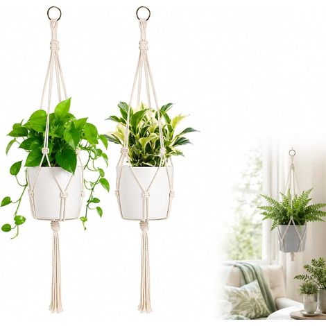 Lot de 2 Suspension Plante intérieure Macrame Pots Fleurs Suspendus en Coton,Décoration Bohème Chic pour Intérieur et Extérieur, pour Jardin, Salon, Balcon, Fenêtre, Beige (1/5)