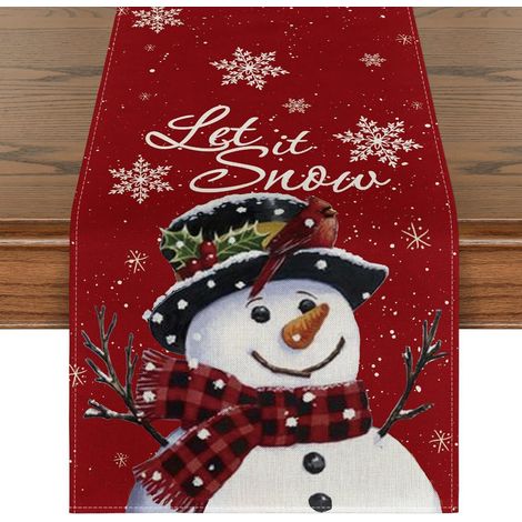 40 x 140 cm – Rot – Trendiger Küchentischläufer – Jute – Schneemann-Motiv – Weihnachtstischdekoration