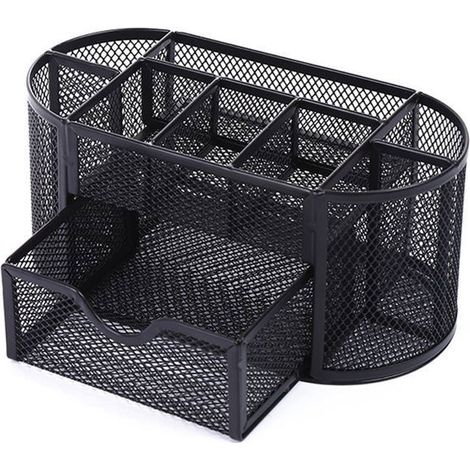 1 organiseur de bureau, en métal noir avec 8 compartiments et 1 tiroir, porte-stylo fonctionnel pour espace de travail ordonné (1/5)