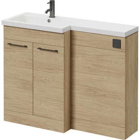 Napoli 390 Light Oak 1100mm 2 Door Vanity Unit Toilet Suite with Square Left Hand Lucia Basin - 1100mm - Gunmetal Grey 160mm HandleWithout Kingston Toilet Pan