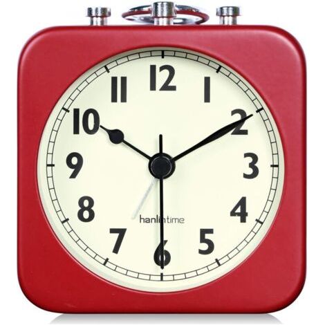 Analog Alarm Clock Red Square Silent Small Metal Travel Alarm Clock for Kids Bedroom Bedside Living Room Office Red