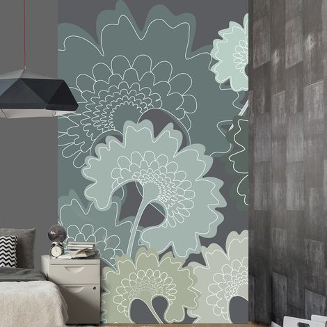 Papier peint intissé graphisme florale de différents verts sur fond gris, 250 cm X 150 cm, représentation géante panoramique. (1/2)