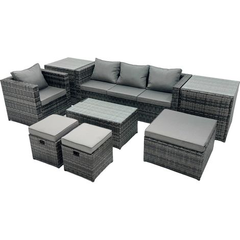 Fimous Outdoor Coffee Table Sofa Armchair Set with 2 Side Tables Big Stool 2 Small Footstools Garden Furniture Set Dark Grey Mixed (1/5)