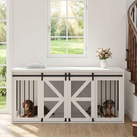Cage pour chien meuble TV 160x60x75 cm blanc, porte coulissante type grange, cloison centrale fixe, métal panneaux fibres pour deux chiens (1/5)