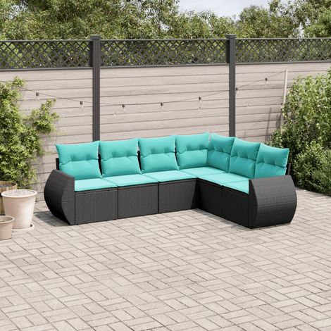 Salon de jardin 6 pièces en résine tressée noire, coussins bleus - PANGIVO (1/5)