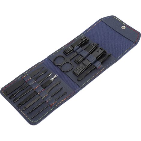Kit de Manucure Pédicure Professionnel en Acier Inoxydable avec Pince à Comédons et Étui de Transport Bleu