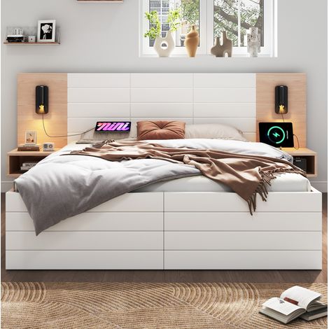 Cama doble de madera maciza y MDF blanco/roble claro 140x200 cm con 2 cajones, 2 mesitas, luz de lectura USB y somier (1/5)