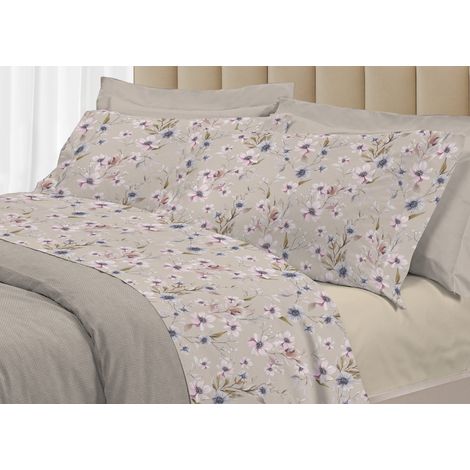 Completo Lenzuola Matrimoniale 100% Raso Cotone Floreale Dis. Artemisia
