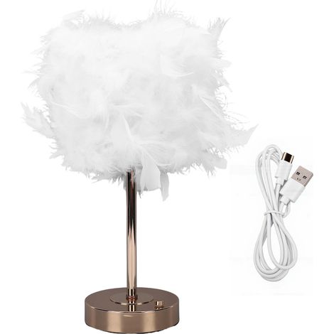 Lampe de table tactile rechargeable USB, design moderne et minimaliste, abat-jour en plumes, 3 couleurs disponibles, blanche, idéale pour la chambre ou l'hôtel. (1/5)