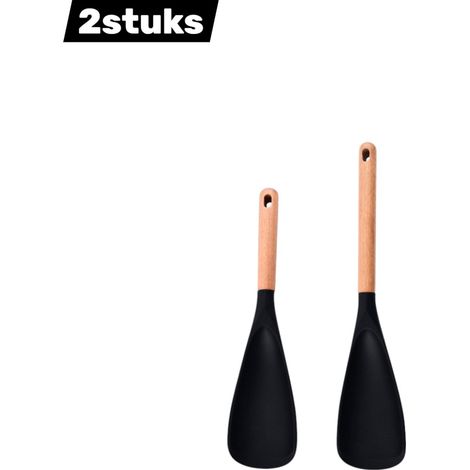 Lot de 2 cuillères de cuisine en silicone avec manche en bois et revêtement antiadhésif pour remuer servir et racler comprenant une grande et une petite cuillère couleur noire (1/4)