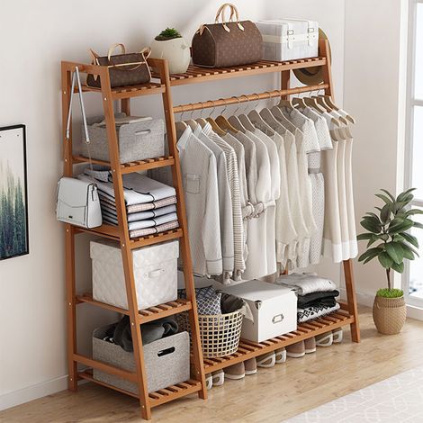 130cm Brown Bamboo Bedroom Garment Clothes Rack (1/3)