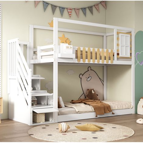 lit superpose rangement escalier 90x200 bois blanc mdf HAVRYA (1/5)