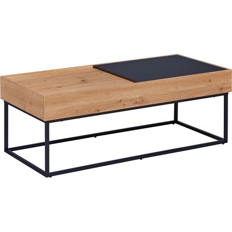 Table basse, table de salon avec plateaux coulissants coloris imitation Chêne Artisan, pieds en métal noir  - longueur 110 x profondeur 50 x hauteur 40 cm (1/5)