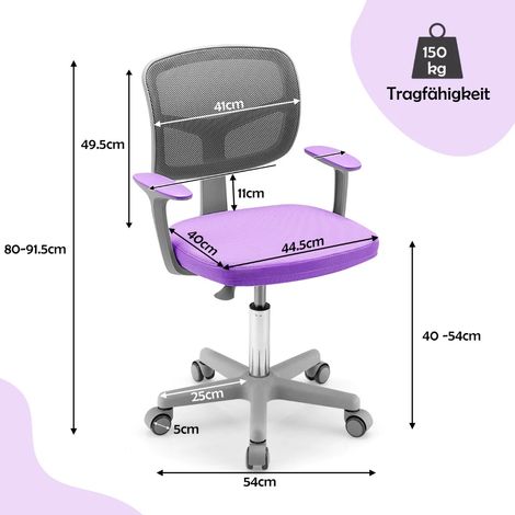 Chaise de bureau enfant violette avec support lombaire, hauteur réglable et assise pivotante 360 pour chambre, école et bureau (1/5)