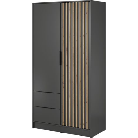 Kleiderschrank 100 cm Fioro - Schrank vom Hersteller, Schlafzimmerschrank - Drehtürenschrank mit Lamellen, 2 Tür (Graphit)