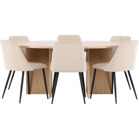 Strada Essgruppe Ausziehtisch Ø120cm, 170cm und 6 Stühle whitewash, beige.