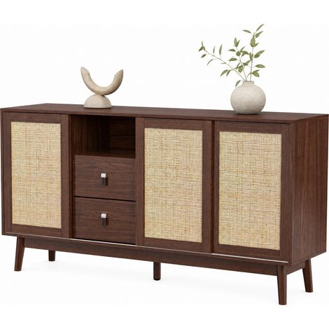 Buffet bas 155 cm à 3 portes coulissantes, 2 tiroirs, rangement généreux en bois foncé, pieds en bois, salon ou salle à manger CHICFURN (1/5)