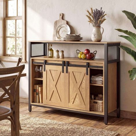 Wooden Sideboard with Metal Frame, Sliding Doors & Shelves (1/5)