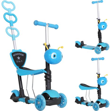 Patinete infantil 5 en 1, patinete de 3 ruedas, manillar ajustable en altura, carga máxima de 60 kg, manillar telescópico, asiento y respaldo extraíbles, color azul. (1/5)