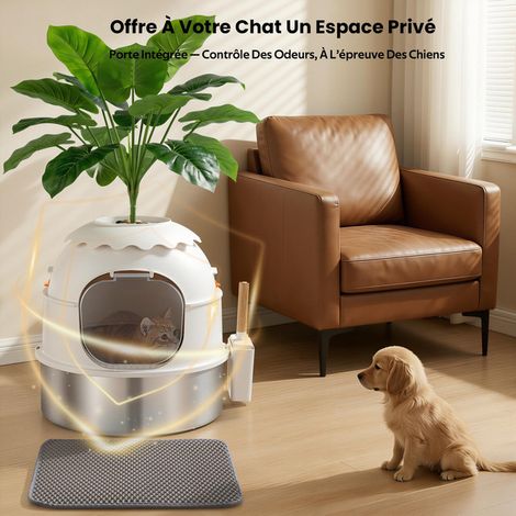 Maison de Toilette pour Chat Forme Plante Boîte à Litière Anti-Odeur avec Porte Transparente et Tapis Plateau en Acier Inoxydable Grand Espace pour Chats et Chiens