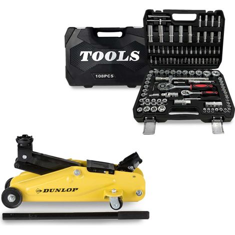 Coffret Kit Outils 108 pcs BM TOOLS Clé à Cliquet Douille & Cric Rouleur Hydraulique Compact DUNLOP 2T - Mécanicien, Garagiste (1/5)