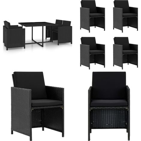 Set da Pranzo da Giardino 5 pz con Cuscini in Polyrattan Nero - Tavolo da giardino - Sedie da giardino