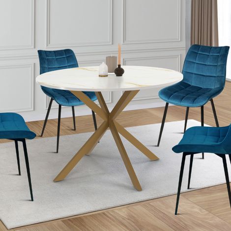 Mesa de comedor redonda ALIX para 6 personas con pata de araña de latón y tablero ALASKA 110 cm efecto mármol dorado