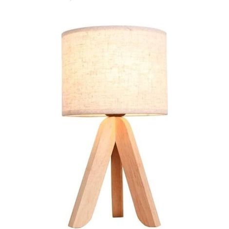 Lampe de chevet trépied en bois – Abat-jour en lin – Hauteur 32 cm – Largeur 18 cm – Source lumineuse E27 – Pour chambre et salon (1/5)