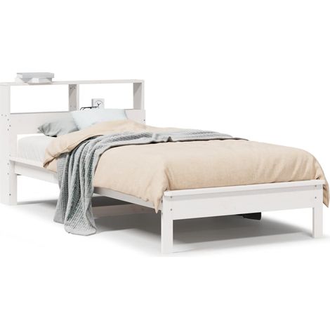 Lit simple  Lit adulte  Lit bibliothèque sans matelas blanc 90x190cm bois de pin massif