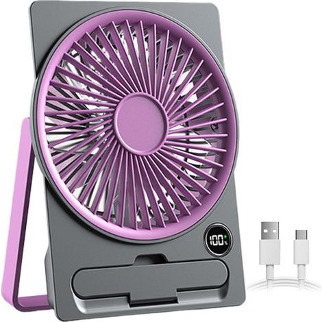 USB rechargeable table fan with LCD screen, ultra-thin design, ideal for camping, travel and indoor use, purple (1/5)